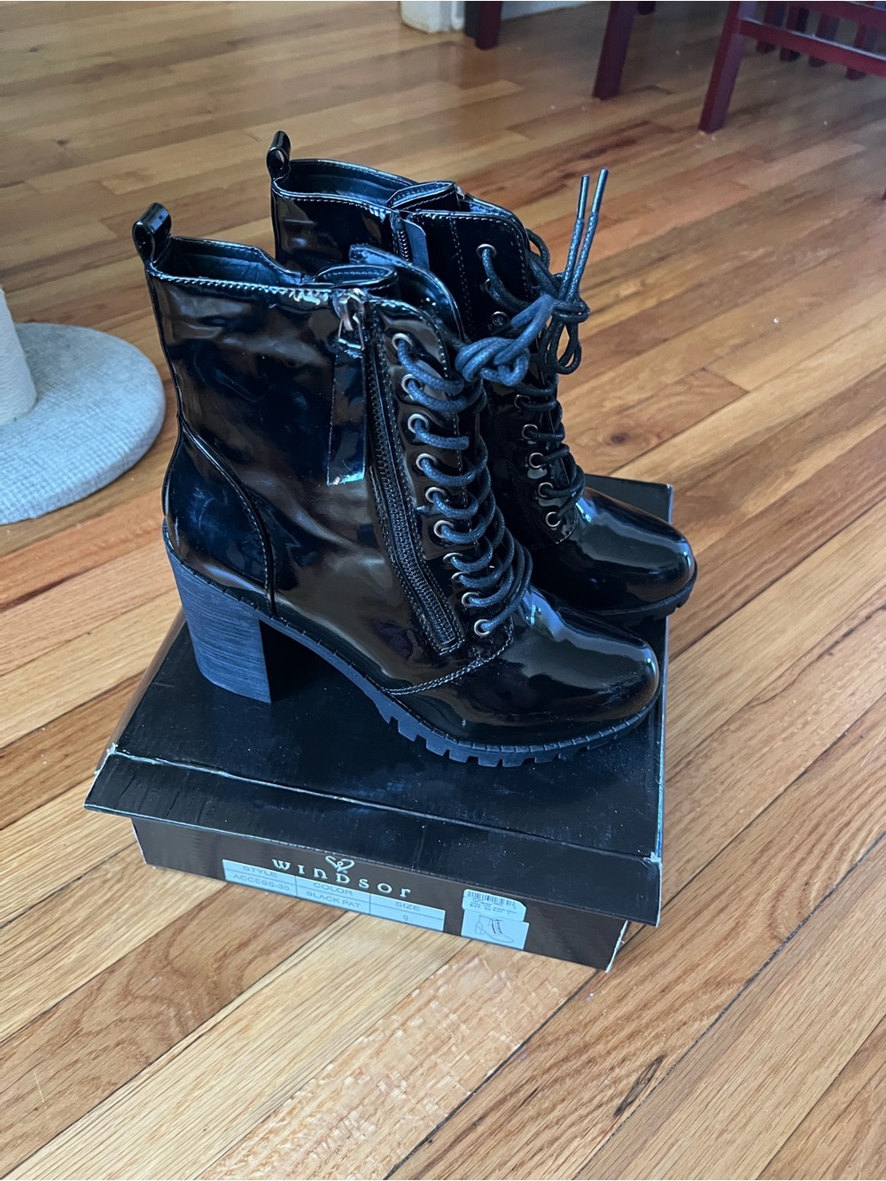 Windsor Glossy Black Patent Lace-Up Block Heel Boots